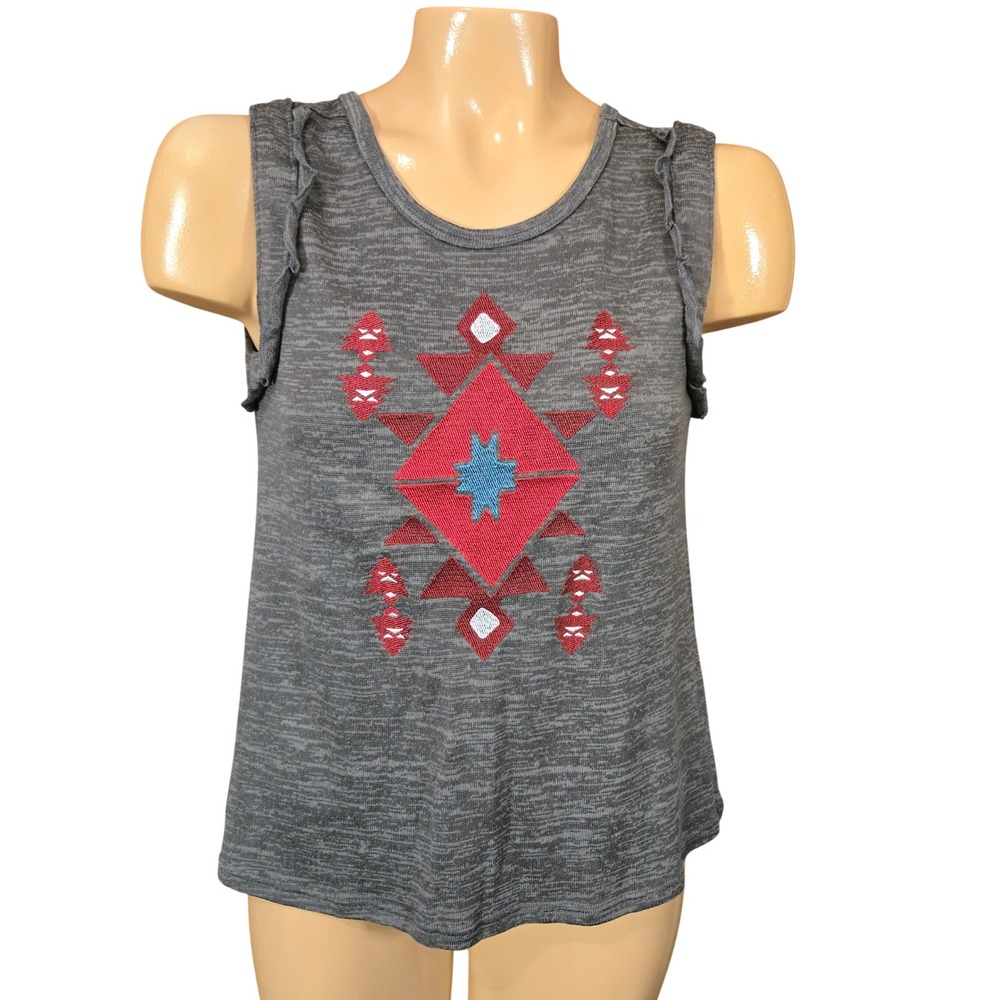 Cruel Denim Gray Aztec Embroidered Geometric Ruffle Sleeve Tank‎ Top Women Small